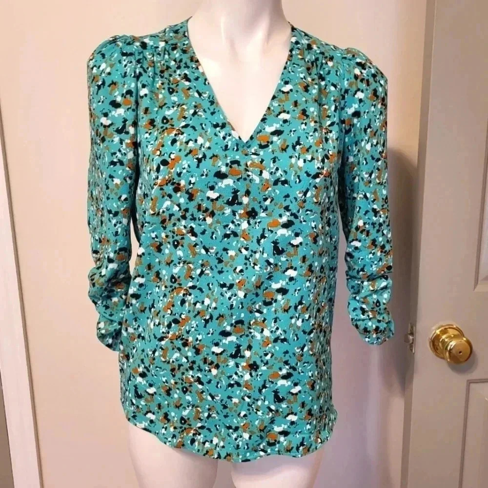 Joie V-neck Ruched Sleeve Splatter Beautiful Colorful Top Blue/Green(XS)